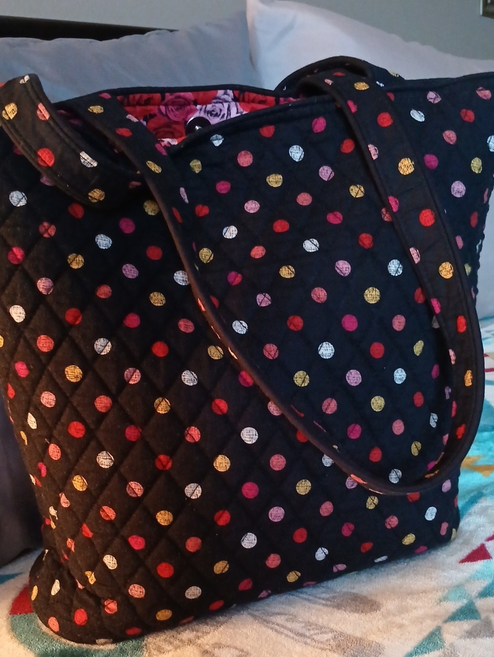 Vera Bradley Black Quilted Tote with Red, Pink, Yellow and White Polka Dots
